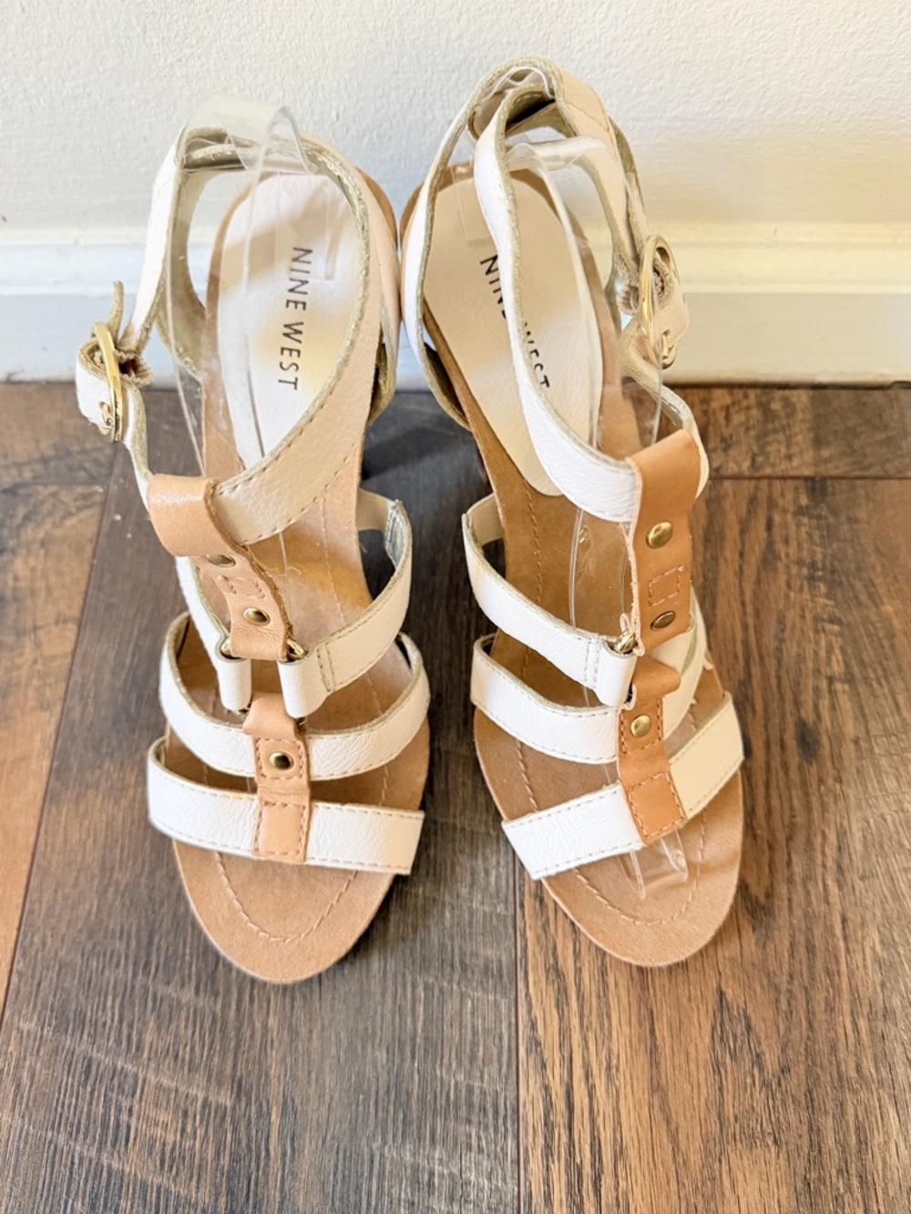 White buckle sandals Nine West Stellen size 8 summer heels heel height 4.5”